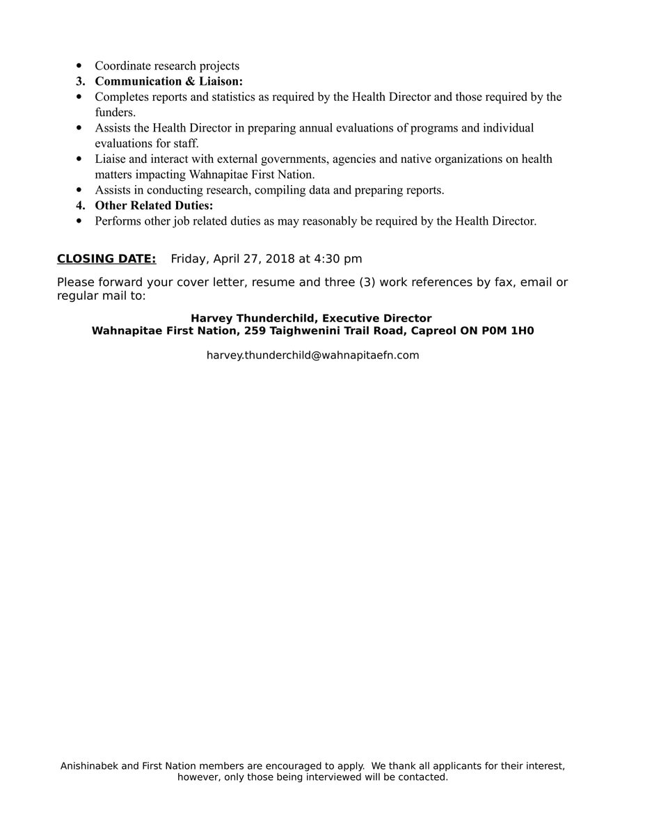 Job Postings! Wahnapitae First Nation - Mental Health Coordinator