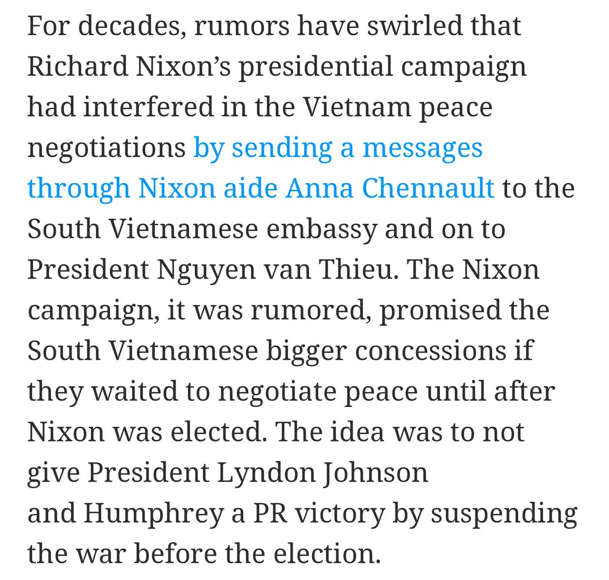 This "October Surprise" was done in secret & it took the last part of docs of the Nixon archives to be declassified for us to finally know. Nixon, of course, was not successful in negotiating a better deal & the Vietnam War didn't end for 7 more years. https://www.politico.com/magazine/story/2017/08/06/nixon-vietnam-candidate-conspired-with-foreign-power-win-election-215461
