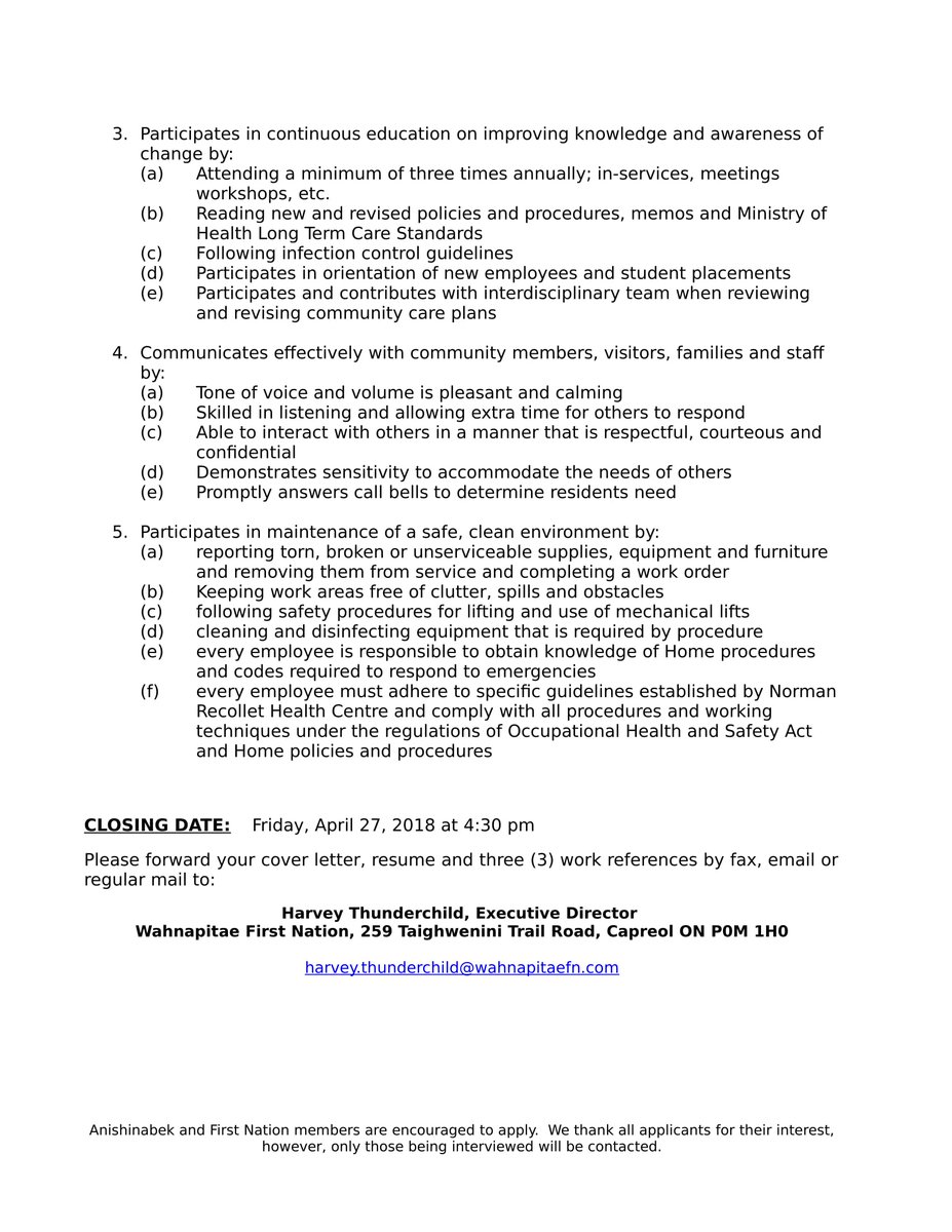 Job Postings! Wahnapitae First Nation - Personal Support Worker