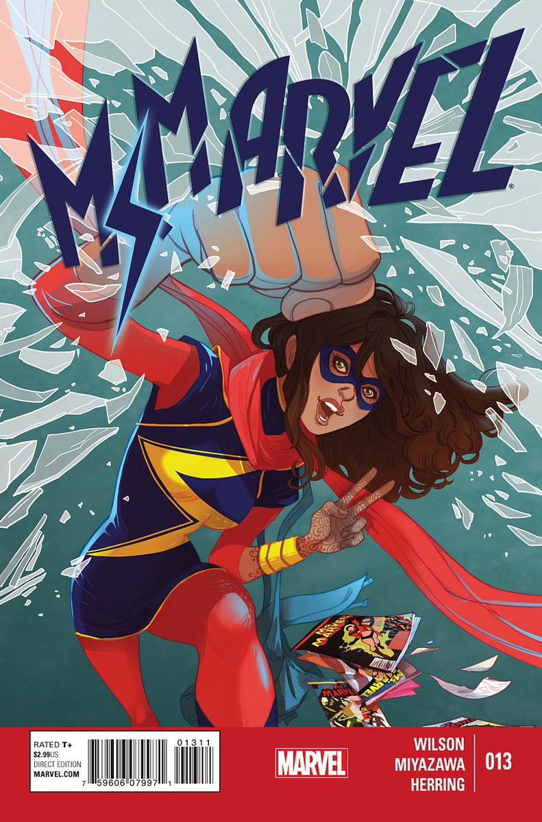engl3246_bruce's tweet photo. @_chrishaynes #claim another new cover also encapsulates this message: ms. marvel, punching through a glass barrier (reminiscent of the “glass ceiling”), as she lets old covers of her once-exploitative comic fall behind her. she’s here to empower everyone, now #engl3246 https://t.co/HMFUzBiTfY