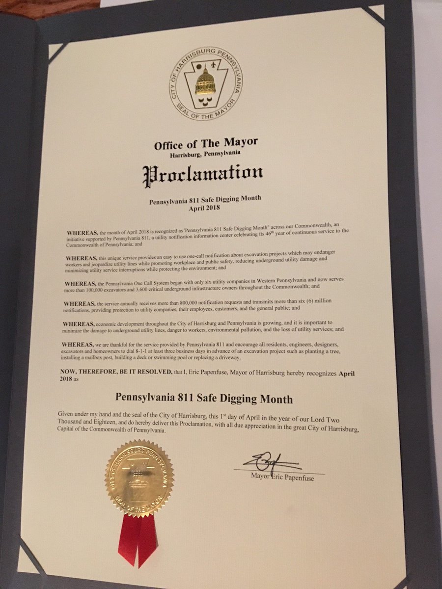 Pennsylvania811's tweet photo. Thank you to Mayor Eric Papenfuse for designating April 2018 as "Pennsylvania 811 Safe Digging Month" in the City of Harrisburg. We appreciate your support. #811PAProclamations #Call811 #NSDM #811Partners https://t.co/aRvdcAUtJu https://t.co/oN9Sc4wOmj