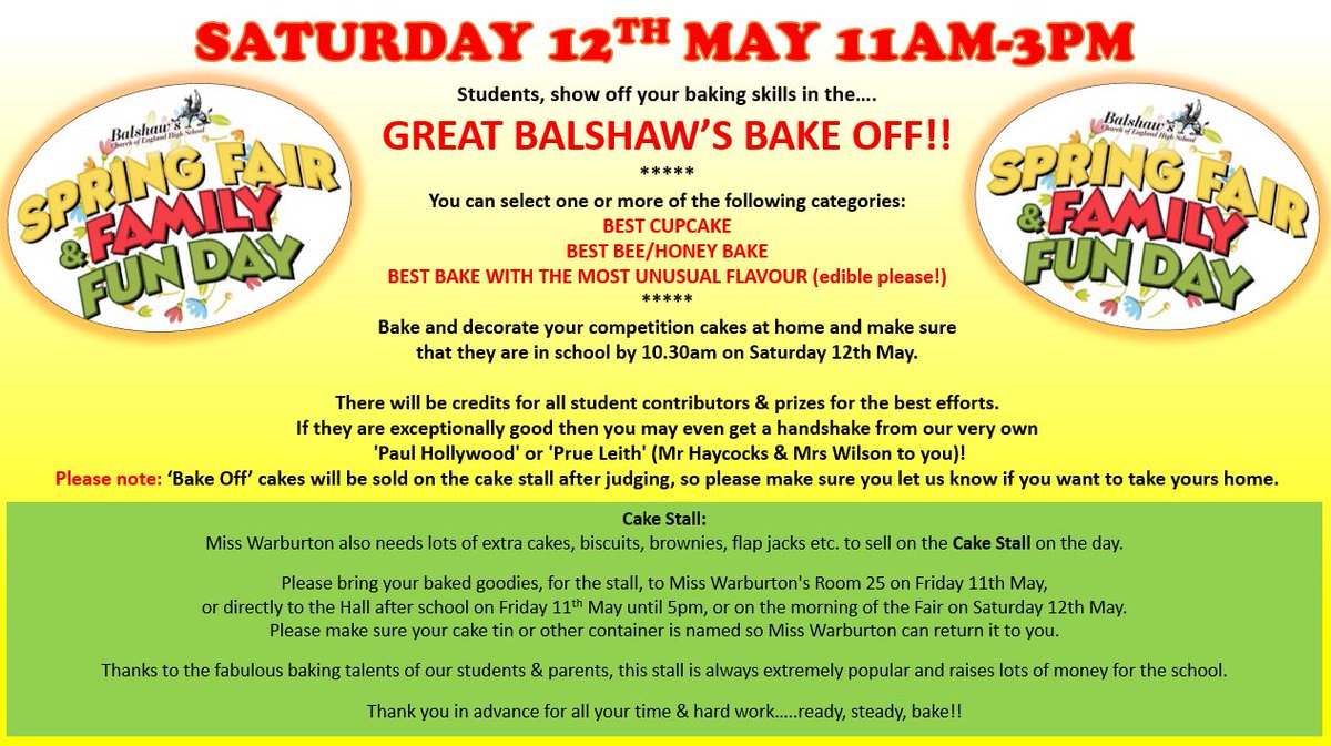 Spring Fair &amp; Family Fun Day is on Sat 12th May from 11am to 3pm. Lots of amazing  and exciting activities and stalls and more being added as we go! There will be a 'Bake Off' competition for students - three categories to choose from and prizes to be won! balshaws.org.uk/events/2018-05…