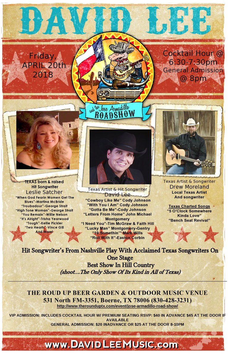 davidleejars's tweet photo. This Friday. Best show in the Hillcountry. #roundupmusicvenue #lesliesatcher #drewmoreland #texasmusic https://t.co/HIWr31mXDl