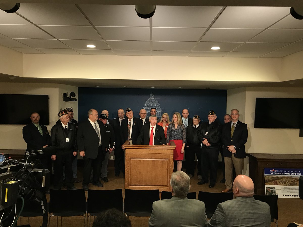 mnhousegop's tweet photo. Legislators, veterans, and community advocates unveil funding plan for the construction of 3 Veterans Homes in Bemidji, Montevideo, and Preston. #mnleg https://t.co/eacJPXOq1G