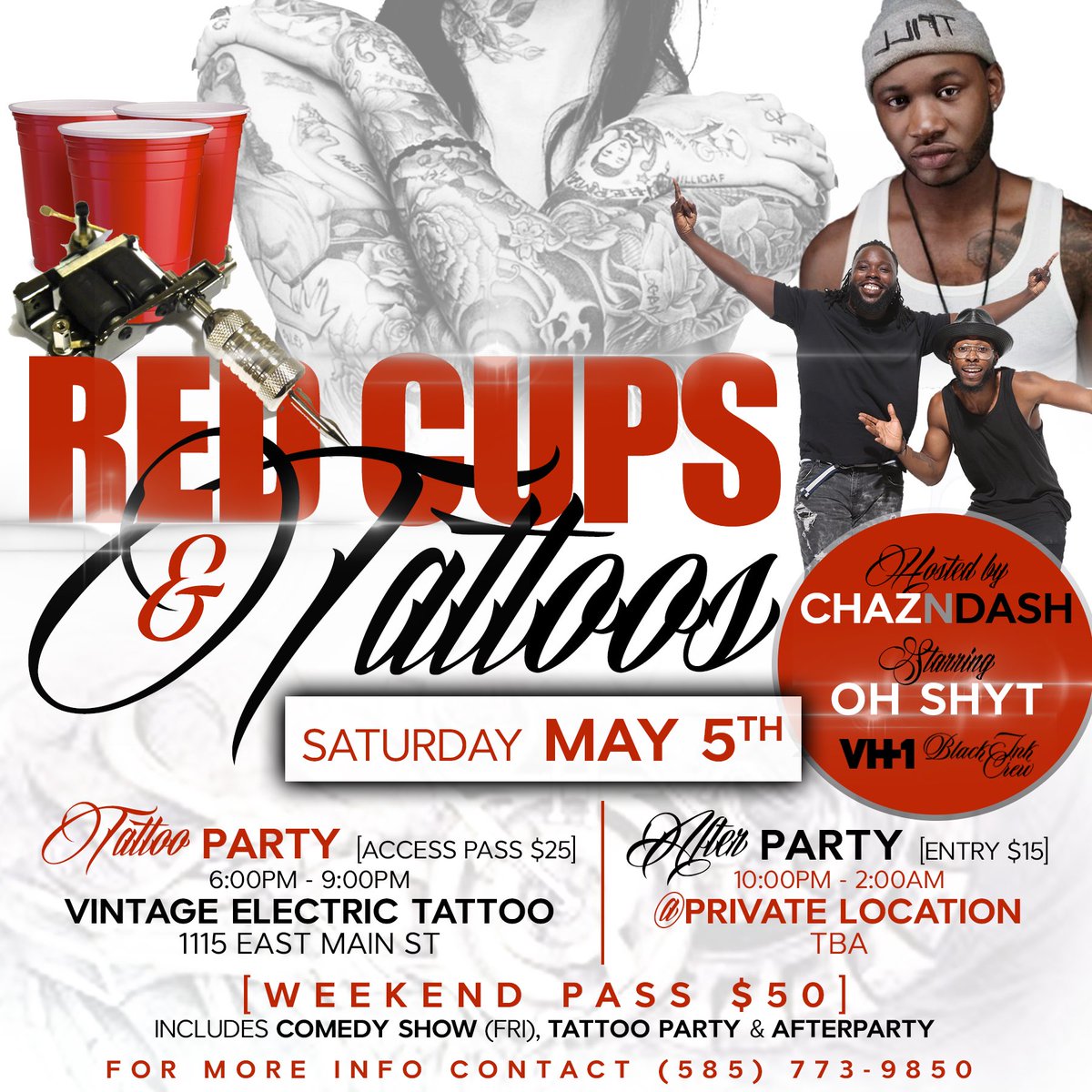 TDashMM's tweet photo. SATURDAY MAY 5TH | #CincoDeMayo “Red Cups &amp; Tattoos” (Tattoo Party &amp; Private After Party) - Special Guest @ohshitsad of @vh1 @BlackInkCrew https://t.co/d9JglZYriB