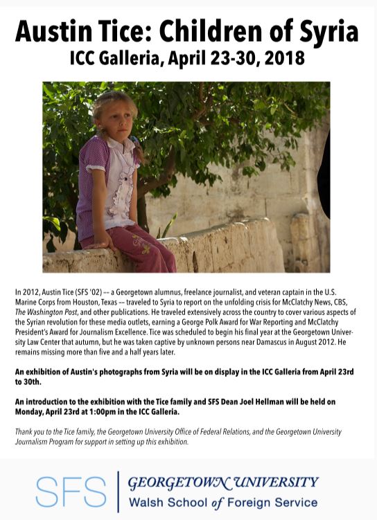 If you are in the Washington DC area April 23-30, please come see some of Austin's compelling photographs from Syria, on the main campus of Georgetown University #FreeAustinTice