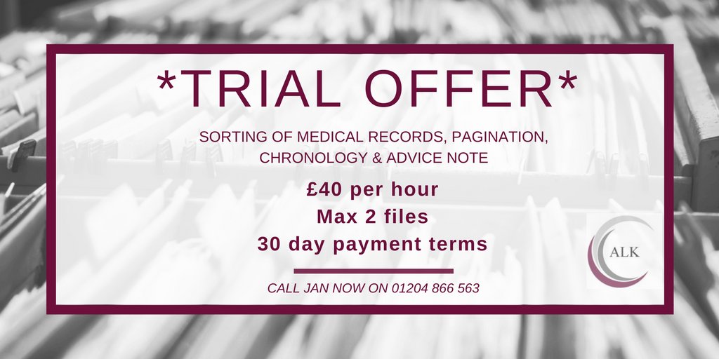 ALKLegalSupport's tweet image. **TRIAL OFFER** We’re offering an exclusive trial fee of just £40 per hour for new clients. Call Jan now on 01204 866563 or visit &amp;gt;&amp;gt; ow.ly/mPVK30iWhvf #Offer #Solicitors #ClinicalNegligence #PersonalInjury