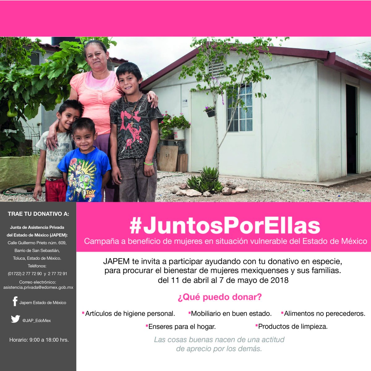 JAP_EdoMex's tweet photo. #JuntosPorEllas Apoya a mujeres en situación de pobreza que son atendidas mediante las Instituciones de Asistencia Privada en #Edoméx #Dona: productos de limpieza e higiene personal, mobiliario en buen estado, artículos para el hogar; llámanos (01722) 2 77 72 90  ext. 122 https://t.co/bB7kaJtjAu