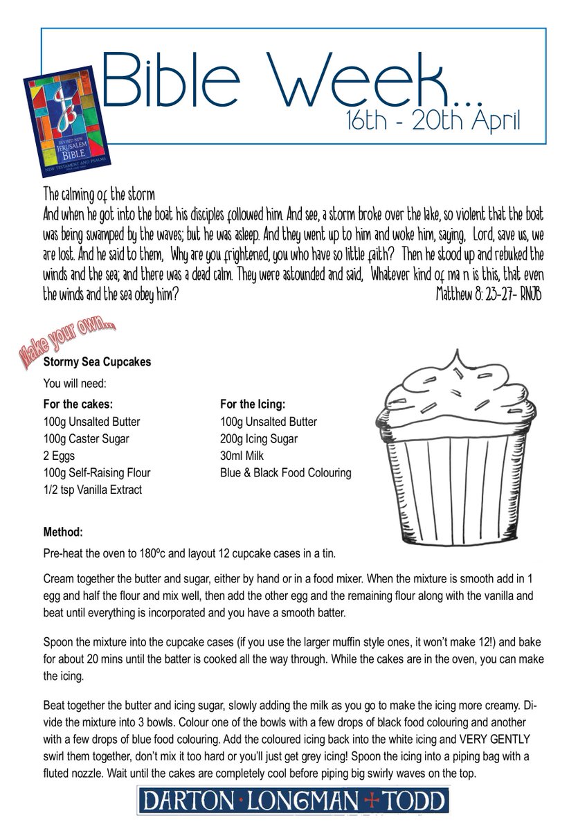 dlt_books's tweet photo. #BibleWeek Here's one for #SundaySchool leaders, parents, #youthworkers etc - make some delicious #cupcakes whilst learning about Jesus calming the sea... #RNJB #Bible available here: https://t.co/P403Z3gU8g…/2220-9780232533613-rnjb-new-testament… https://t.co/pfNow01xYW