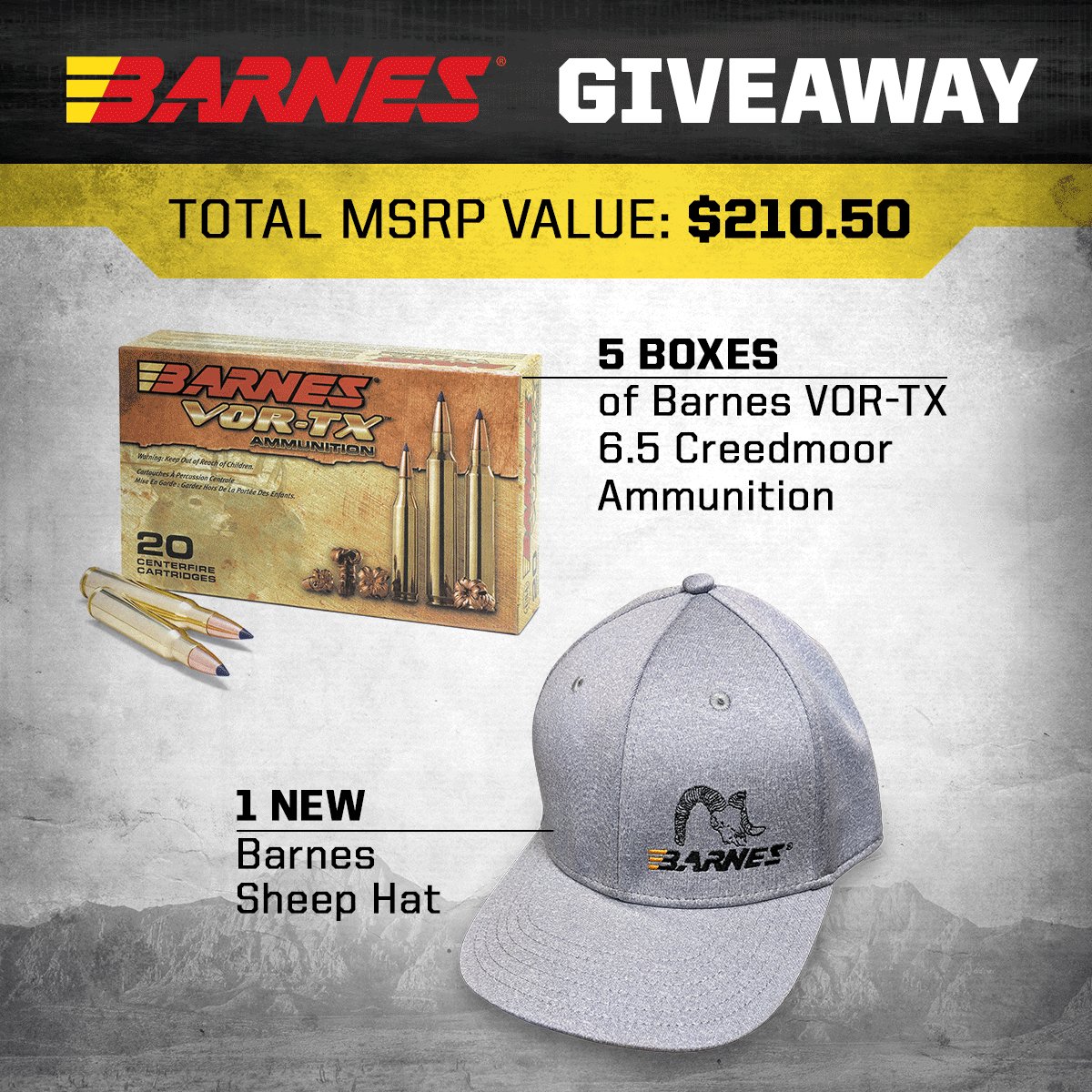 BarnesBullets's tweet image. Would you Like to WIN some FREE Barnes ammo and hat? Enter our quick survey for your chance to walk away with the NEW Barnes VOR-TX ammo in 6.5 Creedmoor and the stylish new Barnes Sheep Skull hat. remington.cvent.com/d/qtqh1w