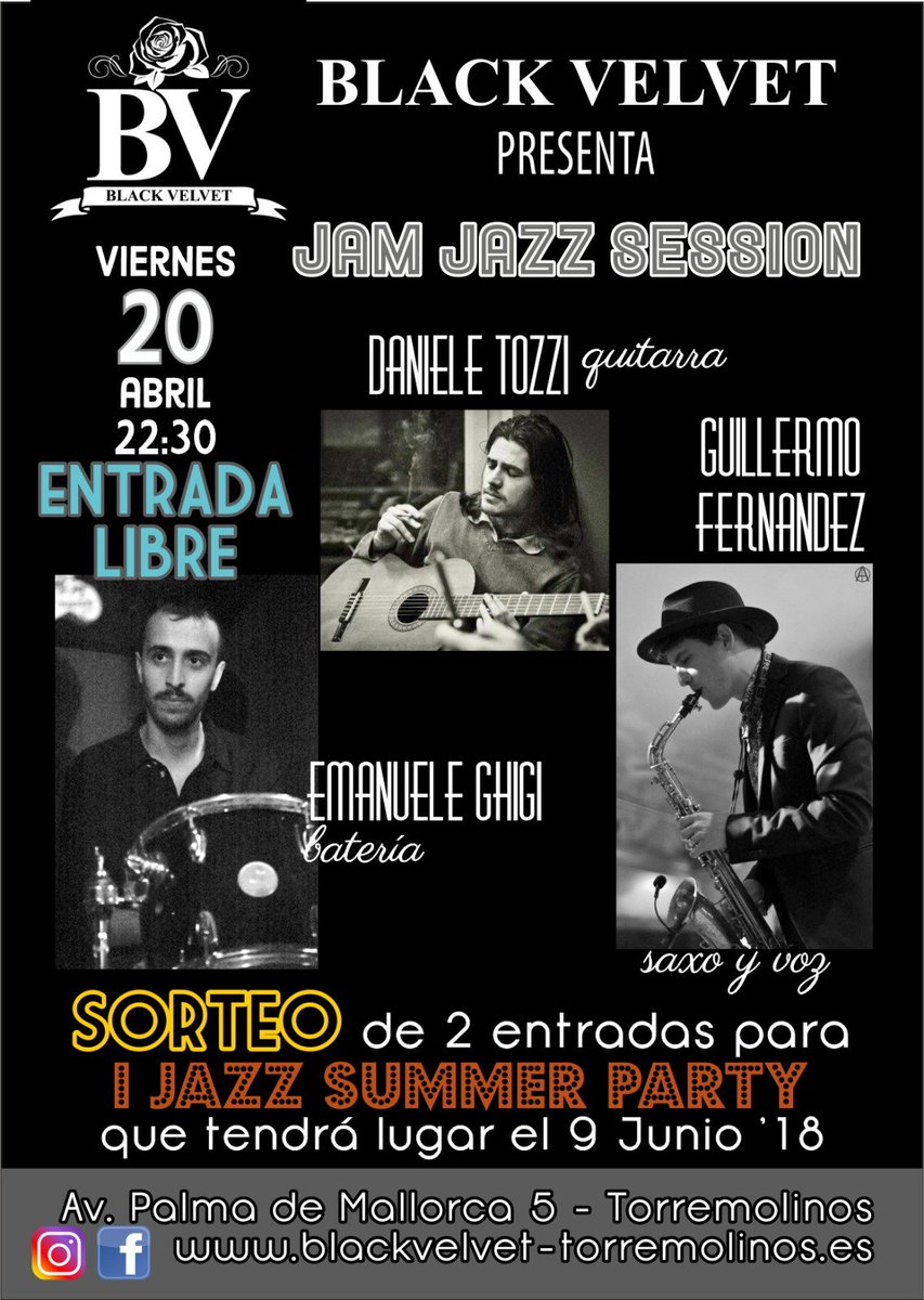 BLACKVELVETTO's tweet photo. Viernes 20 abril, 22:30 Jazz Jam session. Guillermo Fernández Camacho saxofonista y voz acompañado por Daniele Tozzi guitarrista y el baterista Emanuele Ghigi.
Sortearemos entre los asistentes 2 entradas para la l Gala de verano con POTATO HEAD JAZZ BAND!!!
Os esperamos!!!!! https://t.co/3jUkRTJ3Jy