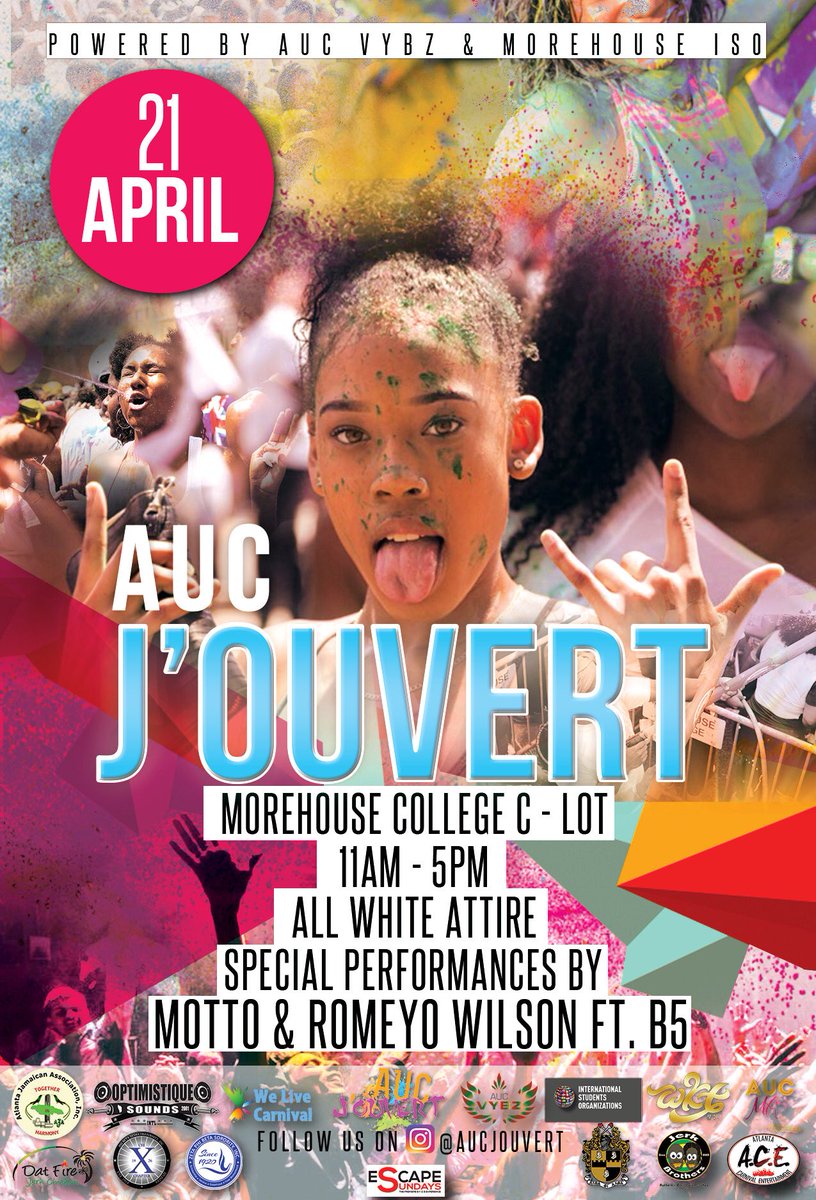 auc_vybz's tweet photo. WE ARE JUST 3️⃣ DAYS AWAY‼️AUC Get Ready To Experience More Culture at AUC J’ouvert 2️⃣k1️⃣8️⃣
Powered BY @auc_vybz , @aucjouvert & @iso.morehouse
#AUCJouvert #Jouvert #Caribbean #CaribbeanCulture #Paint #Powder #Mud #Oil #AUC #Education #DiPartyLit https://t.co/hVLhRPinB2