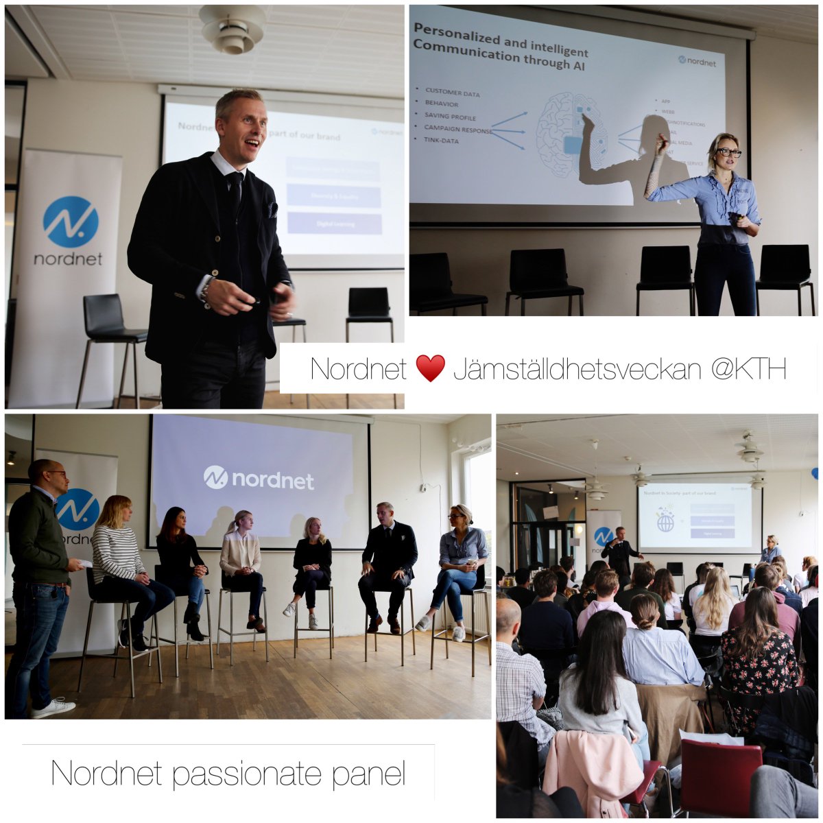 HeidiErshult's tweet photo. What a great start of the day at Jämställdhetsveckan KTH! Nordnets own @CEONordnet, @tuvapalm, @JennyNordnet and amazing panel this morning talking about Diversity and Equality, a very important topic in our FinTech industry. So inspiring to meet all fantastic &amp; engaged students https://t.co/mgENcZckVY