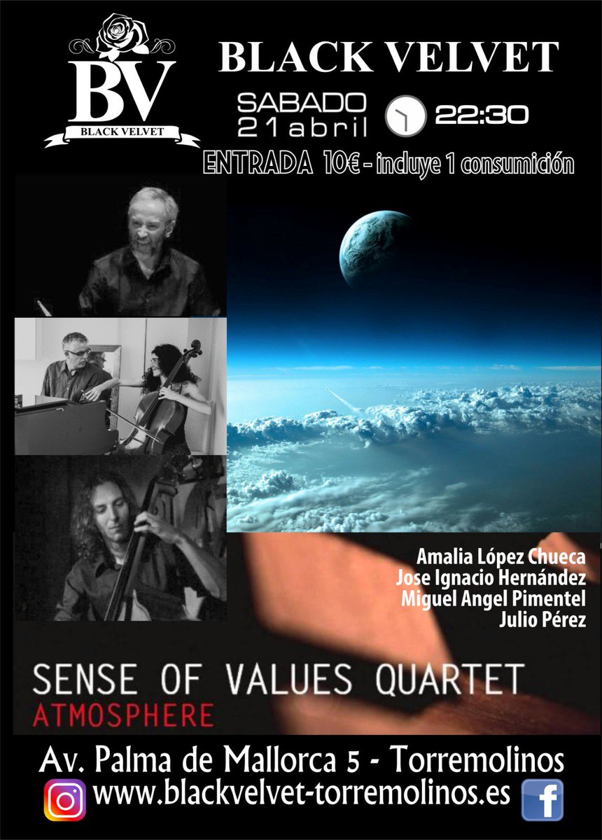 BLACKVELVETTO's tweet photo. Sábado 21abril, 22:30 h Sense of values quartet ofrecerá una noche de música instrumental, jazz fusión con influencia tradicional andalusí. El maestro José Ignacio Hernández al piano, Miguel Pimentel al contrabajo, Julio Perez a la batería y Amalia Chueca al chelo.
Os esperamos! https://t.co/JiGAaCBksX