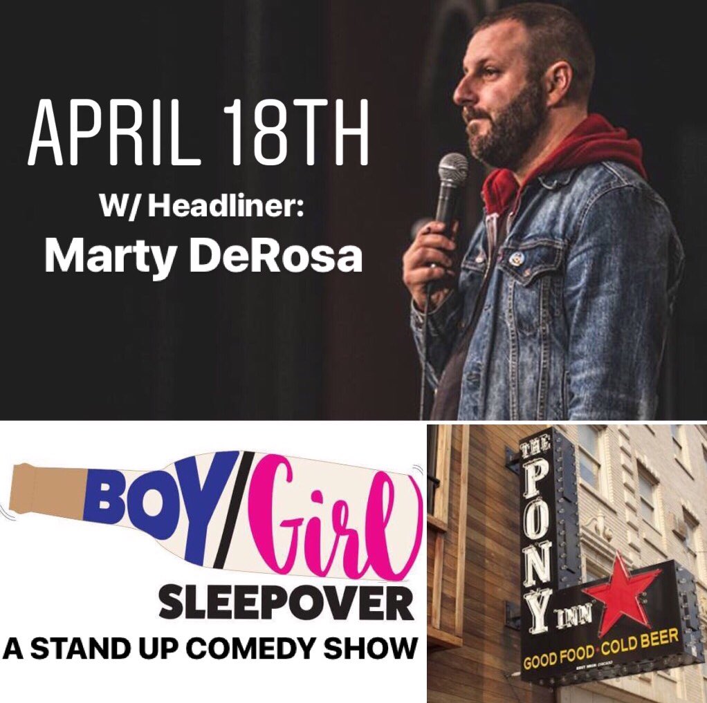 Tonight’s show is going to be bonkers! Get out to the <a href="/PonyInnChicago/">The Pony Inn</a> for @MartyDeRosa! Hosted by <a href="/SperryComedy/">Sarah Perry</a>. Doors at 7:30. Show at 8pm.