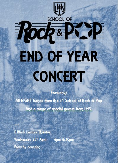 Our end of year concert is next Wednesday! E block lecture theatre 25th April. Doors open at 6pm, music will start around 6:30pm

The S1 pupils have been working in bands in class, and all EIGHT will be performing. 

<a href="/Larbert_ExpArts/">LHS Expressive Arts</a> <a href="/LarbertHigh/">Larbert High School</a>