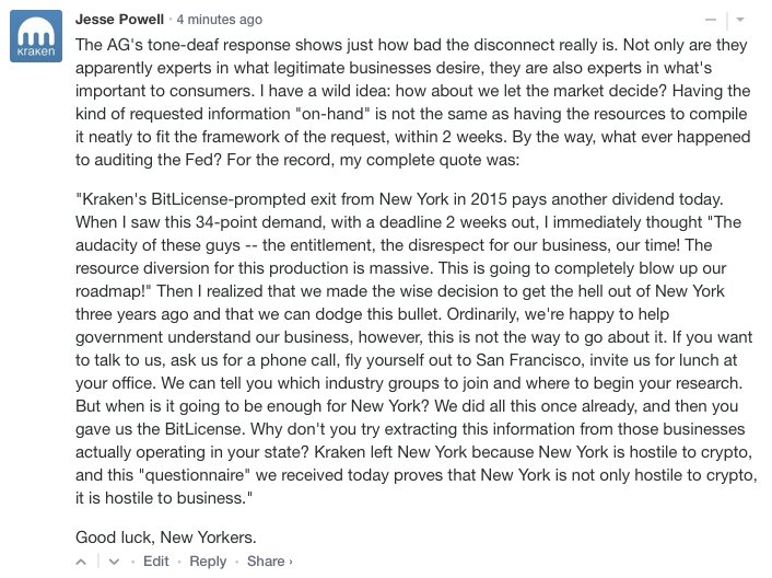 jespow's tweet image. Somebody has to say what everybody&apos;s actually thinking about the NYAG&apos;s inquiry. The placative kowtowing toward this kind of abuse sends the message that it&apos;s ok. It&apos;s not ok. It&apos;s insulting. coindesk.com/kraken-ceo-cry…