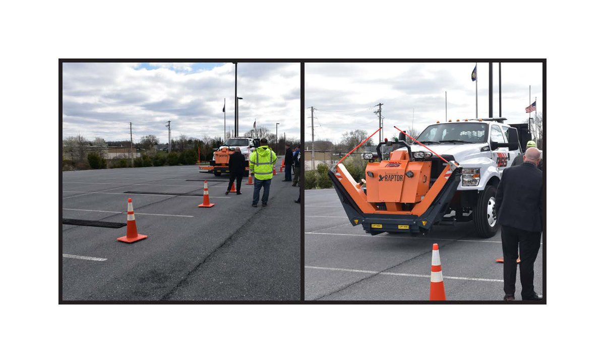 PA_Turnpike's tweet photo. Today @PlasticSafety demoed its RoadQuake RAPTOR Rumble
Strip Handling Machine at the PTC’s TIP Building. PSS showed how the RAPTOR
installs rumble strips in work zones and improves the safety of work zone crews
by keeping them off the road https://t.co/eIuA7wufiU https://t.co/TnfnaKrIBW