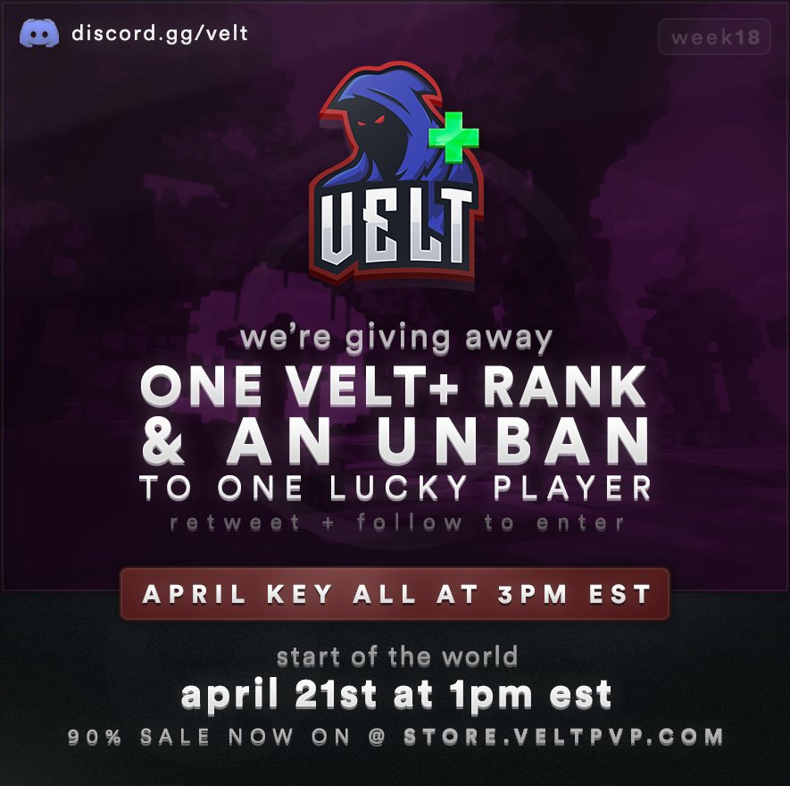 VeltPvP's tweet image. VeltPvP 5.0 Week #18.

Retweet, Follow us and tag one friend for a chance to win a Velt+ rank and an UNBAN! 🔓

An April Key All will take place 2 hours after SOTW (3:00 PM EST). 🌟

Week 18 Post 📰
veltpvp.com/forums/announc…