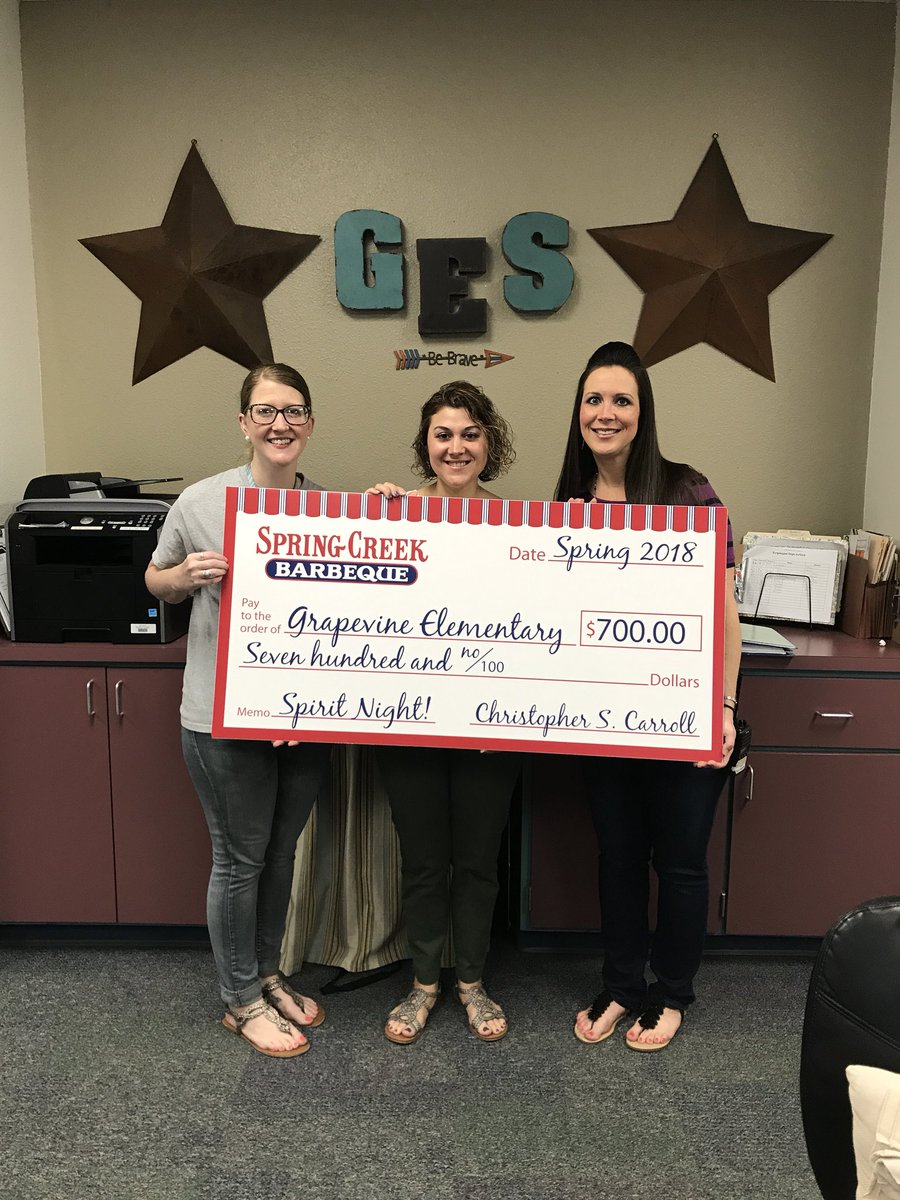 Specials thanks to @SpringCreekBBQ for bringing over our check today from our Spirit Night! Thank you families for helping us earn $700! Congrats @GESkillebrew @GESsnowden @GESRedmon classes for having the most students present!