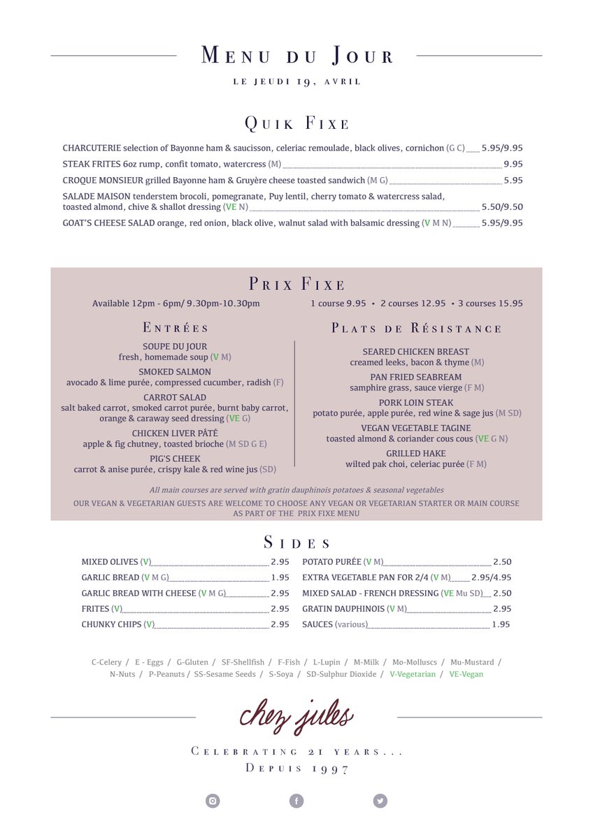 ChezJules's tweet photo. Thursday is the new Friday and we’re here for all your after work needs. 1course 9.95 2 course 12.95 3 courses 15.95. Served 12-6pm/9.30pm-10.30pm https://t.co/thoWReDdYt #fresh #dailychanging #chestertweets #chester #jeudi https://t.co/M0MovJN9P8