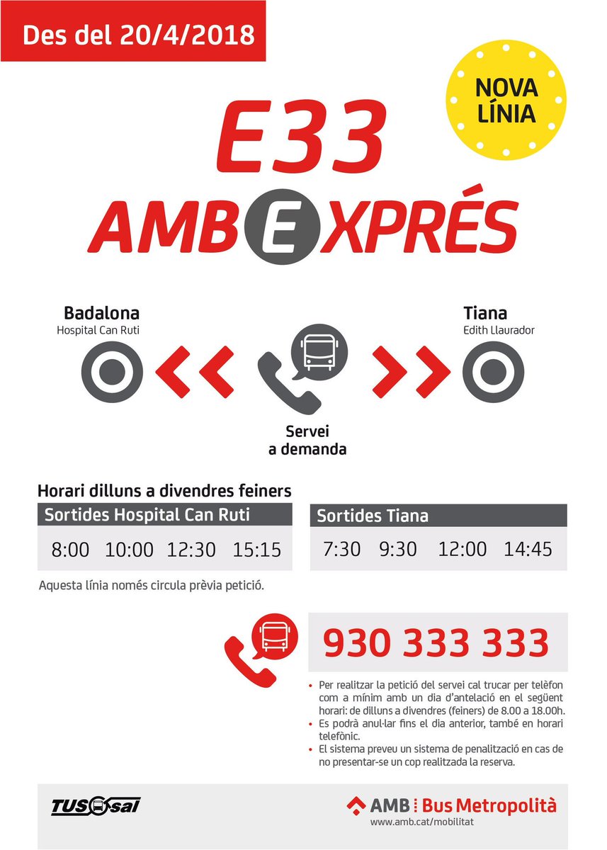 Aj_Tiana's tweet photo. 🗣️🔊 Demà us convidem a la inauguració de la nova línia de BUS E33. Prova pilot que consisteix en un SERVEI DIRECTE A DEMANDA DE BUS fins a Can Ruti. Us esperem a les 11h a la Pl. De la Vila i farem el trajecte fins allà. #TianaÉsMobilitat https://t.co/iKPUXsTh0B