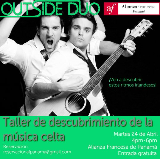 AlianzaFrPanama's tweet photo. ¡TALLER DE DESCUBRIMIENTO DE LA MÚSICA CELTA DE @Outsideduo !

Martes 24 de abril de las 4pm a las 6pm
Alianza Francesa de Panamá

Reservación previa obligatoria a:
reservacionafpanama@gmail.com
Entrada gratuita y abierta a todos https://t.co/cTflr3sRCJ