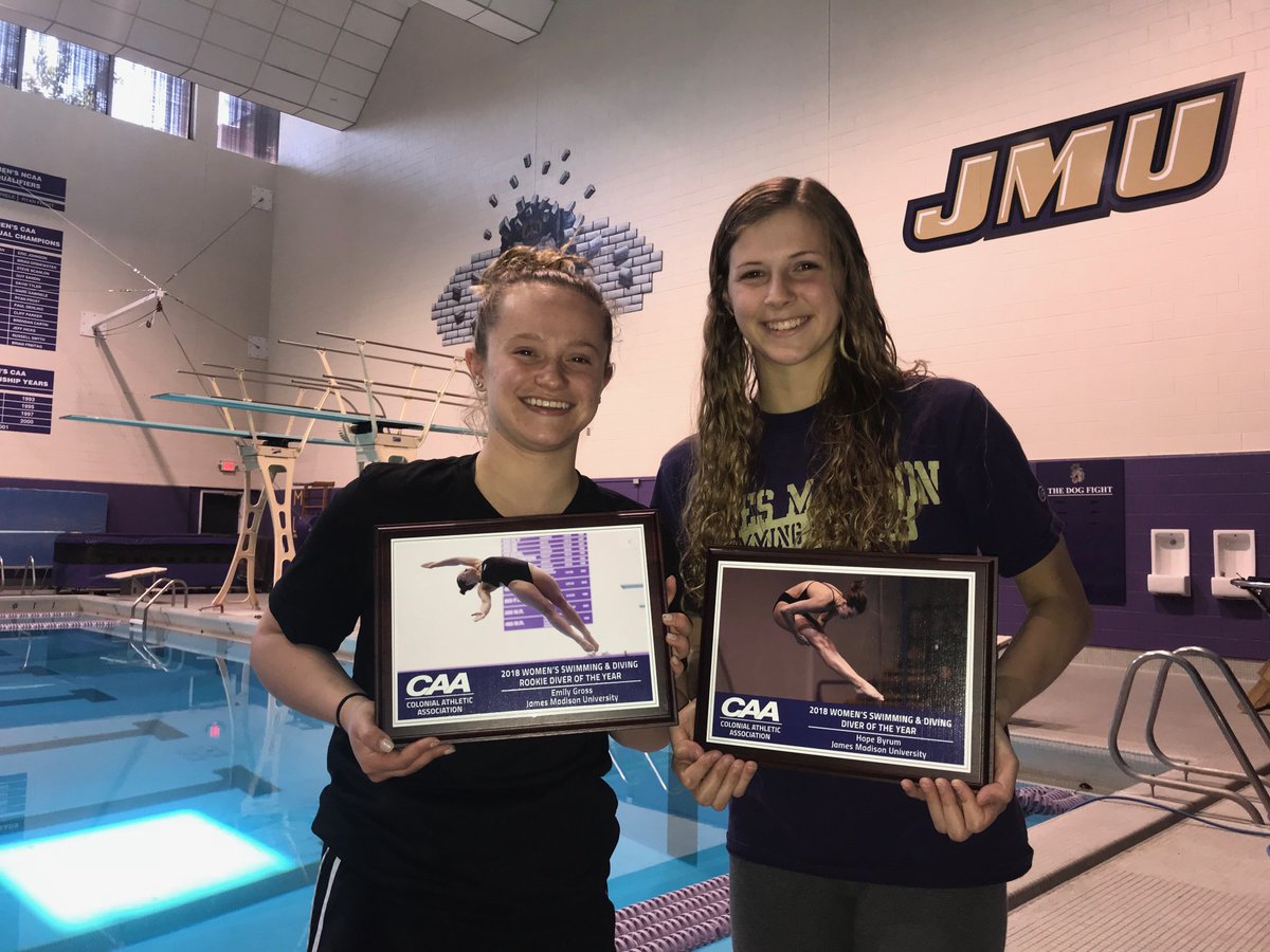 JMUSwimDive's tweet photo. Rookie Diver and CAA Diver of the Year Awards arrived. Congrats Emily Gross and @hope_byrum1. #CAAawards #WeLoveOurDivers https://t.co/8JvNsVbalM