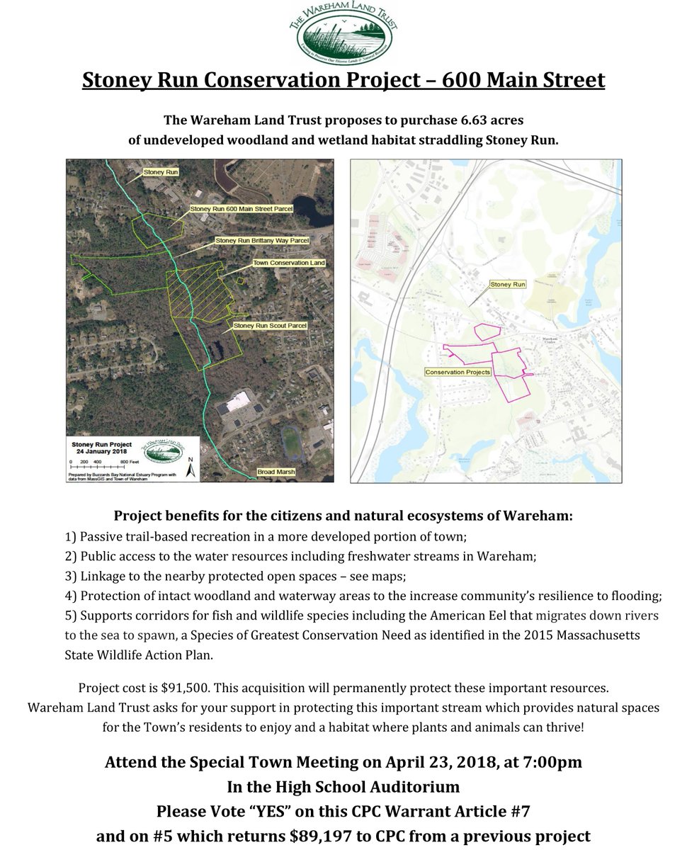 WarehamLT's tweet photo. If you're a registered voter and attending the spring town meeting, your support for the Stoney Run Conservation Project is appreciated! https://t.co/E3ptDbkB3G