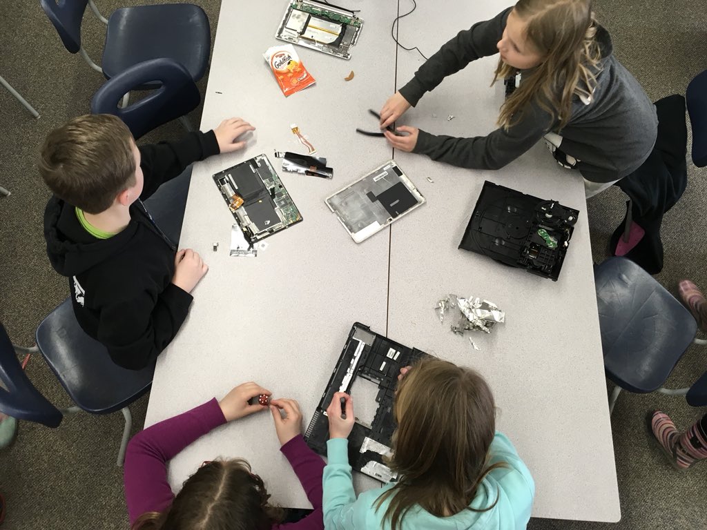ExLibrisMrHunt's tweet photo. Hadn’t heard term #BreakerSpace till the other day, but I’ve been periodically, for many years, giving kids opportunities to take apart old broken technology...like we did at lunch today.
Then I keep the pieces for possible #MakerSpace projects later.
#sd33learns
#ADST #STEM https://t.co/kziLbfD7Oh