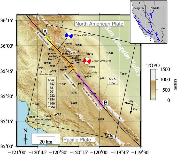 Shallow deformation of the  #SanAndreas fault 5 years following the 2004 Parkfield earthquake (Mw6) combining ERS2 and Envisat InSAR buff.ly/2JQOaUX