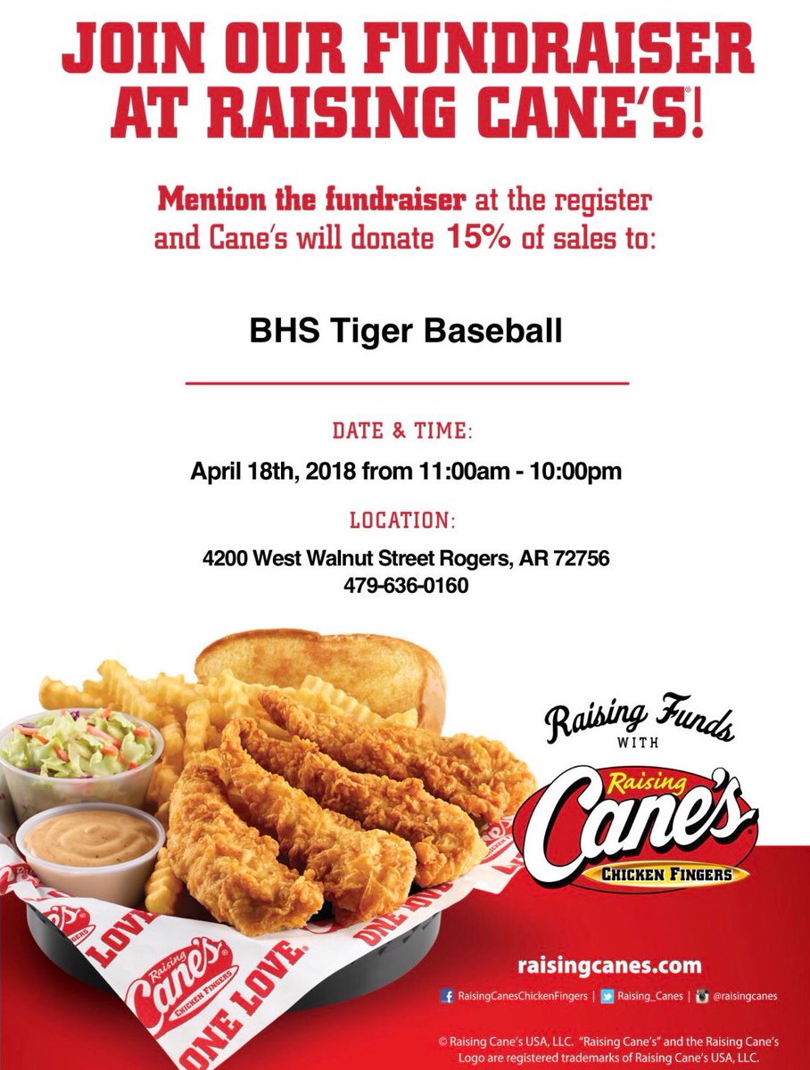 BentonvilleHS's tweet photo. Support the BHS Tiger Baseball team by grabbing lunch or dinner at Raising Cane’s today! https://t.co/rZCRISFR4y