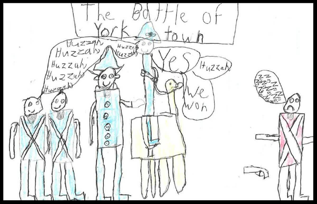 frauncestavern's tweet photo. This month's #ColoniesInContext drawn by one young Museum visitor provides a fantastic depiction of the Patriot victory at the Battle of Yorktown in 1781. We can't say for certain, but the reaction of this British soldier seems pretty spot on. https://t.co/RjhzFae7Kz