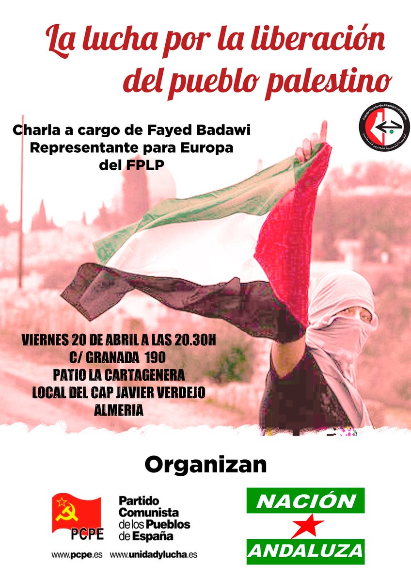 na_almeria's tweet photo. [Charla] "La lucha por la liberación del pueblo palestino" 

El próximo viernes 20 de abril a las 20:30 horas en el CAP Javier Verdejo de Almería (c/Granada 190 – Patio Cartegena)

https://t.co/N051Nubknv https://t.co/8okwFN0vhf