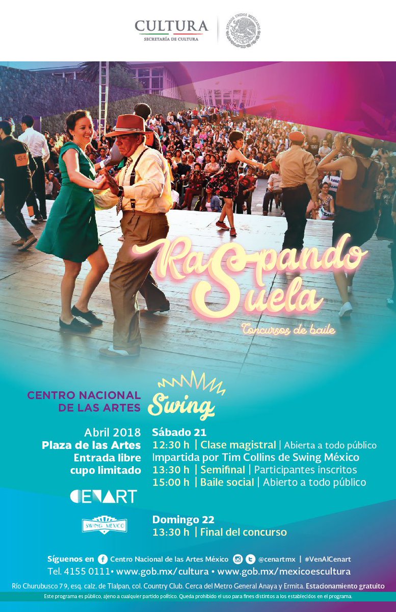 cenartmx's tweet photo. El swing se apoderará de la Plaza de las Artes este sábado 21 de abril. ¡Sácale brillo a la pista en "Raspando suela"! ¡No faltes! https://t.co/2h9ItDzhEV