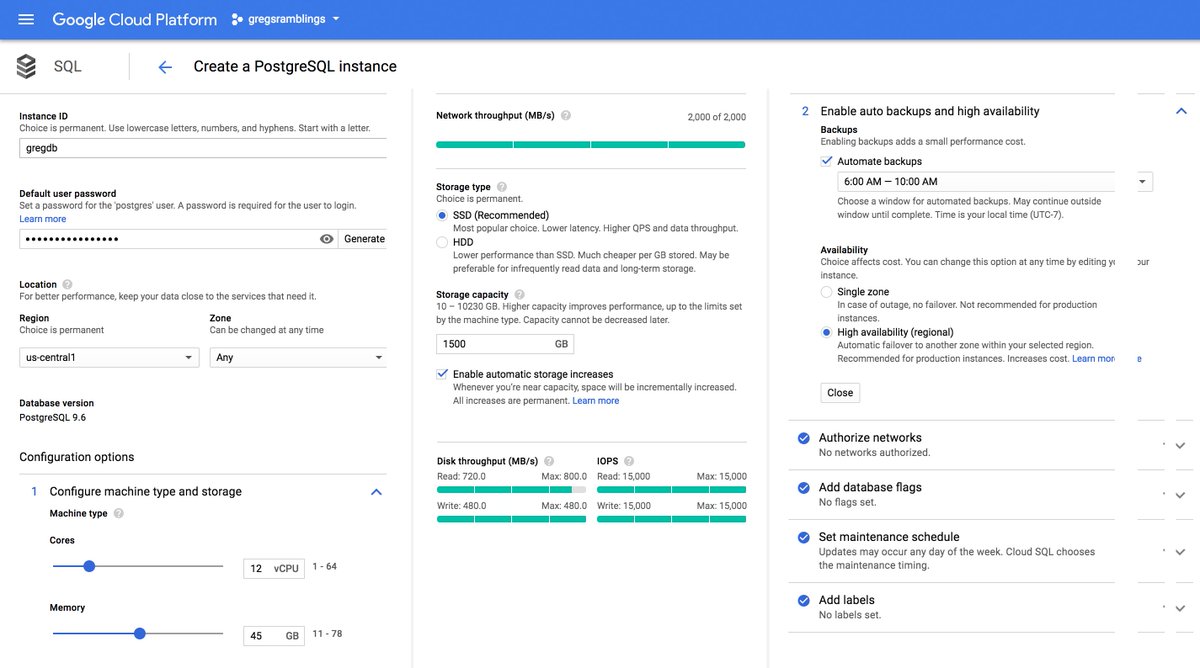 gregwilsontech's tweet photo. Cloud SQL for PostgreSQL (fully managed @postgresql) now GA and ready for production workloads -- https://t.co/tsxUL5TqOI

Create dialog below showing CPU/memory config, auto storage increase, auto-backup, high availability, performance, etc. @GCPcloud https://t.co/sF7jnGkUoB