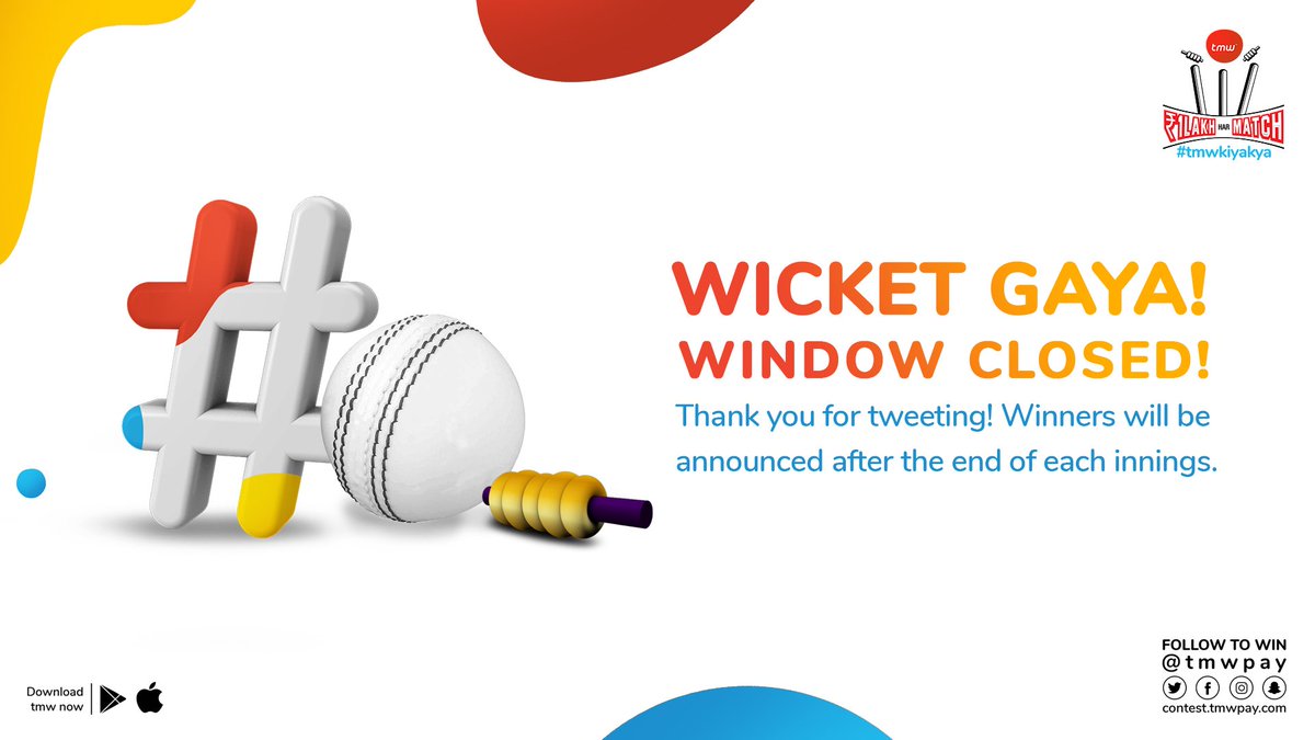 ✋ ...that’s five minutes! We’ll go through all your tweets and find the lucky winners! Download the <a href="/tmwpay/">tmw fintech pvt ltd.</a> app and keep tweeting #tmwkiyakya to win up to ₹1Lakh in each match!

 #ContestAlert