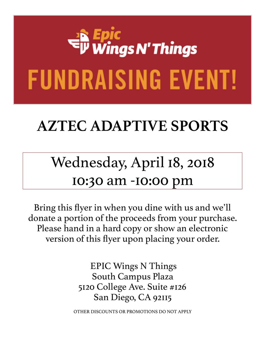 AztecAdaptiveSp's tweet photo. Our fundraiser is today! Swing by and grab some food while supporting us in bringing adaptive sports to SDSU! https://t.co/RbJugUvHhh