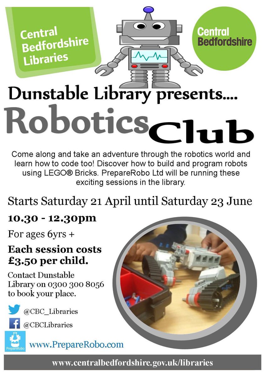 cbc_libraries's tweet photo. Design, construct & code Lego robots with professional tuition by @PrepareRobo Places available at #Dunstablelibrary! 1st of 10 sessions this Saturday 10.30-12.30! Attend as many sessions as you like each 1 is different @DunstableScouts @DunstableJC @DunstableGuides @GroveTheatre https://t.co/BQSyb7ud1a