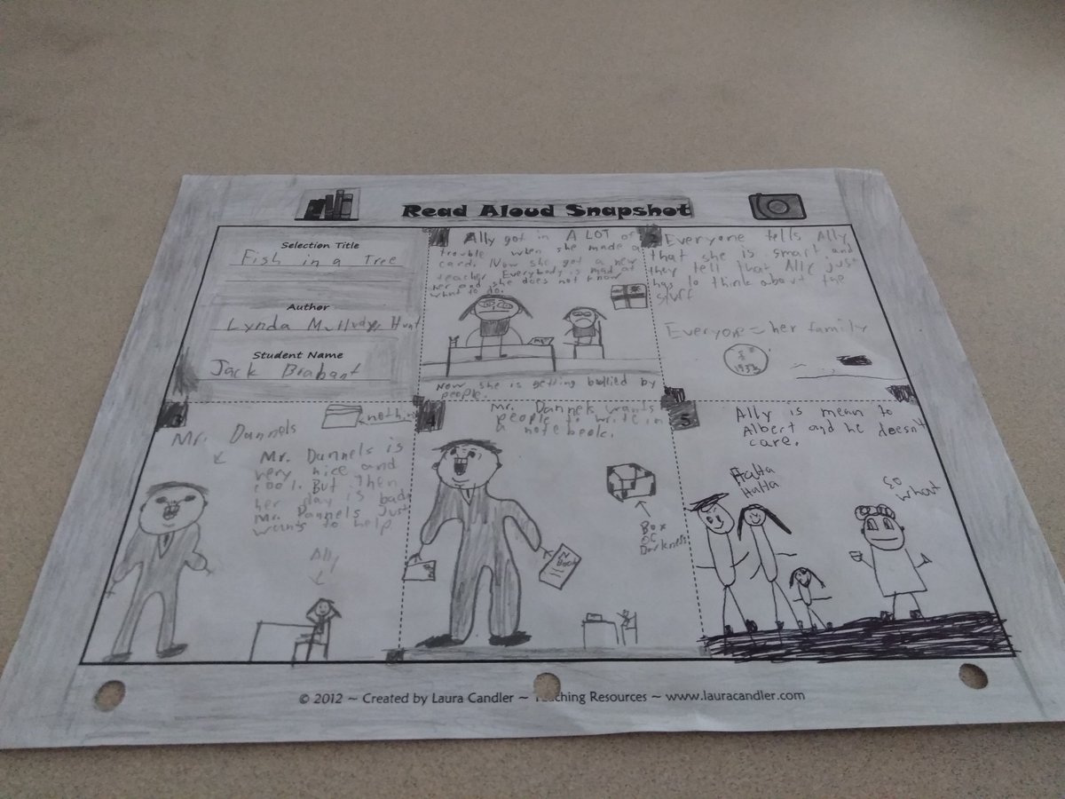 Miss_SummersND's tweet photo. We spend Wednesdays doing Read Alouds in ELA class!  My 6th grade students are reading "Fish in a Tree" by Lynda Mullaly Hunt.  They are absolutely LOVING the book and LOVING drawing snapshots of what they are reading!! #NDDP https://t.co/KoqjWSHK9J