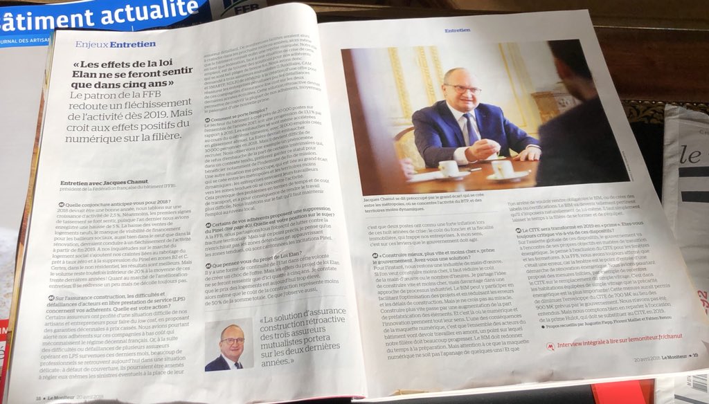 chanutj's tweet photo. Entretien avec @Le_Moniteur de cette semaine et sur le site https://t.co/eJBoBDk0f2: Conjoncture, assurances, loi #elan , emploi, cite, fracture territoriale au menu.. #construction #logement #territoires #emploi #pinel #cite https://t.co/9iBxB3ynbG