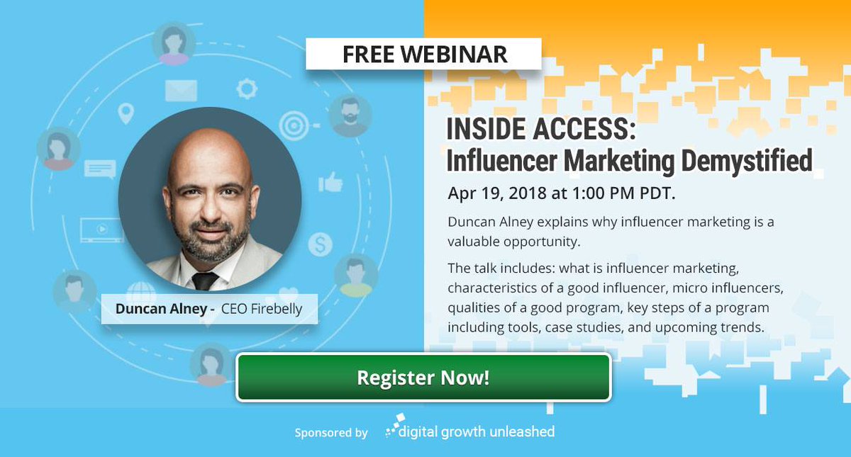 wearefirebelly's tweet photo. Firebelly's CEO Duncan Alney (@firebelly) is teaming up w/#DigitalGrowthUnleashed to explain why #influencermarketing is a valuable opportunity from 4-5 p.m. on 4/19. Register now: https://t.co/lBCgu97rLD #SMM https://t.co/Bo6zJs3AgD