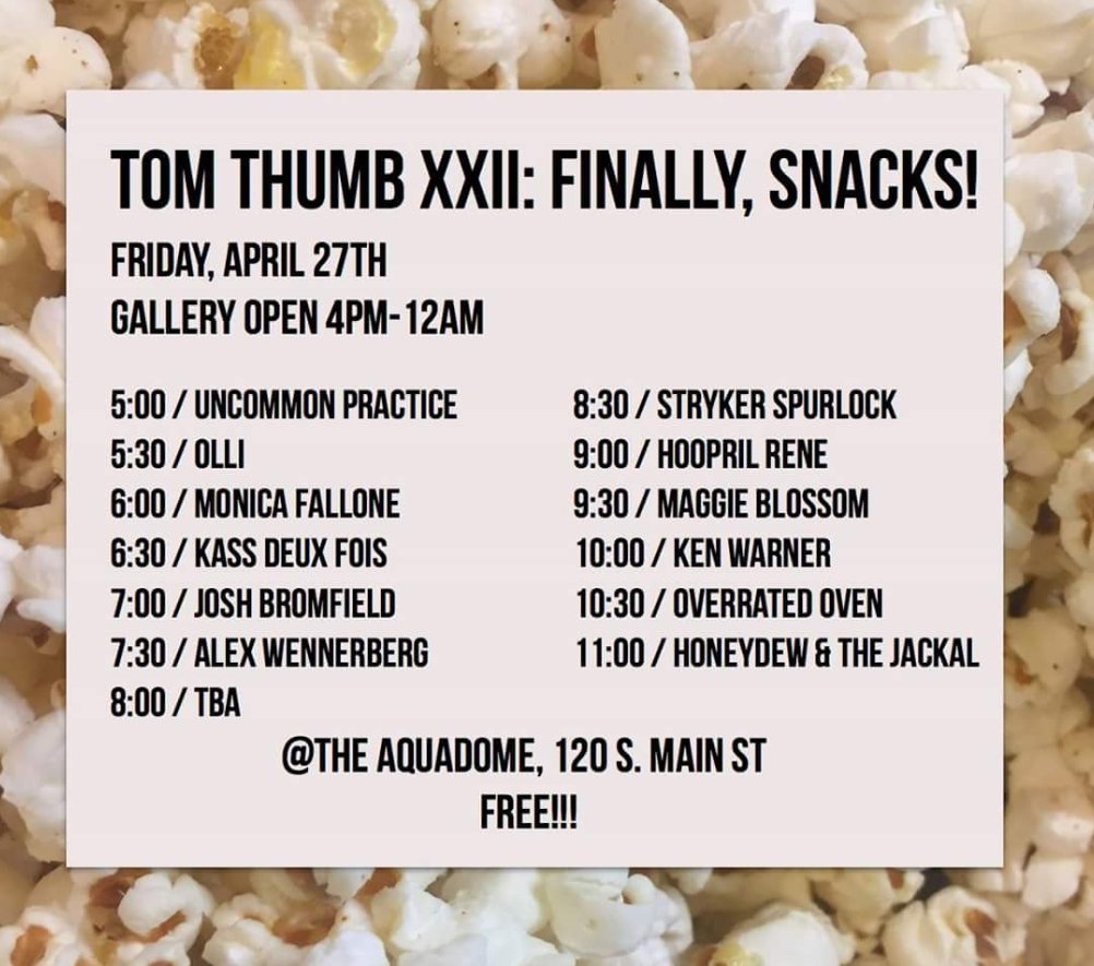 TomThumbArt's tweet photo. Get excited! Here's our Friday lineup for Finally, Snacks! https://t.co/lu1vyznCqK
