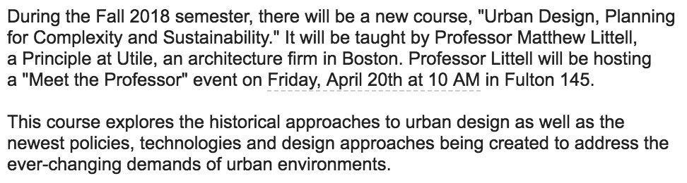 corcorancenter's tweet photo. Looking for a Fall 2018 class? Check out "Urban Design for Complexity &amp; Sustainability" -- we will be hosting a "Meet the Professor" event this Friday (April 20th) at 10 AM in Fulton 145! https://t.co/WYA7mT68iv