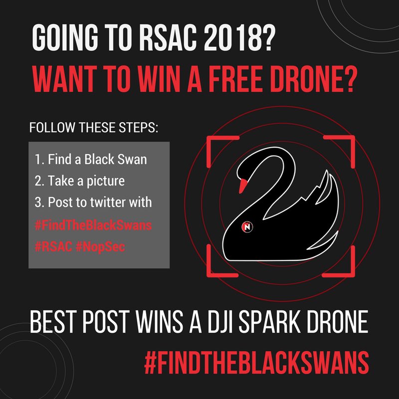 nopsec's tweet photo. Are you at #RSAC2018 ? Join @nopsec and win a drone! Here are 3 simple steps you might want to follow ;) #FindTheBlackSwans #RSAC #NopSec C'mon and join us! Free coffees are available at our Black Swan Van! https://t.co/hDkeZH3X8o