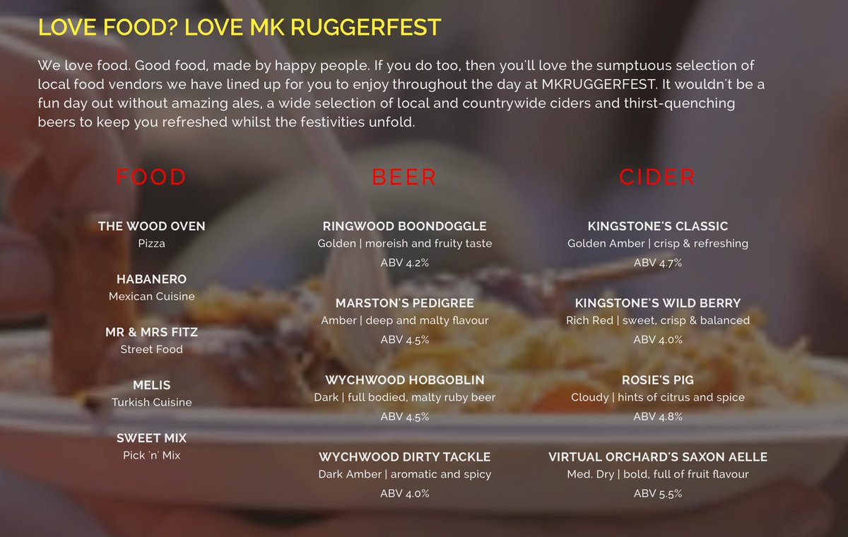 HUNGRY? TIME TO GET EXCITED...

We can't wait to sample delicious food from all our lovely food vendors on Saturday 16th June at this year's #MKRUGGERFEST

<a href="/thewood_oven/">The Wood Oven</a> <a href="/fabfoodtrucks/">mr&mrs fitz fab food</a> <a href="/MelisRest/">Melis Restaurant</a> See you there at <a href="/MKRUGGERFEST/">MK RUGGERFEST</a>