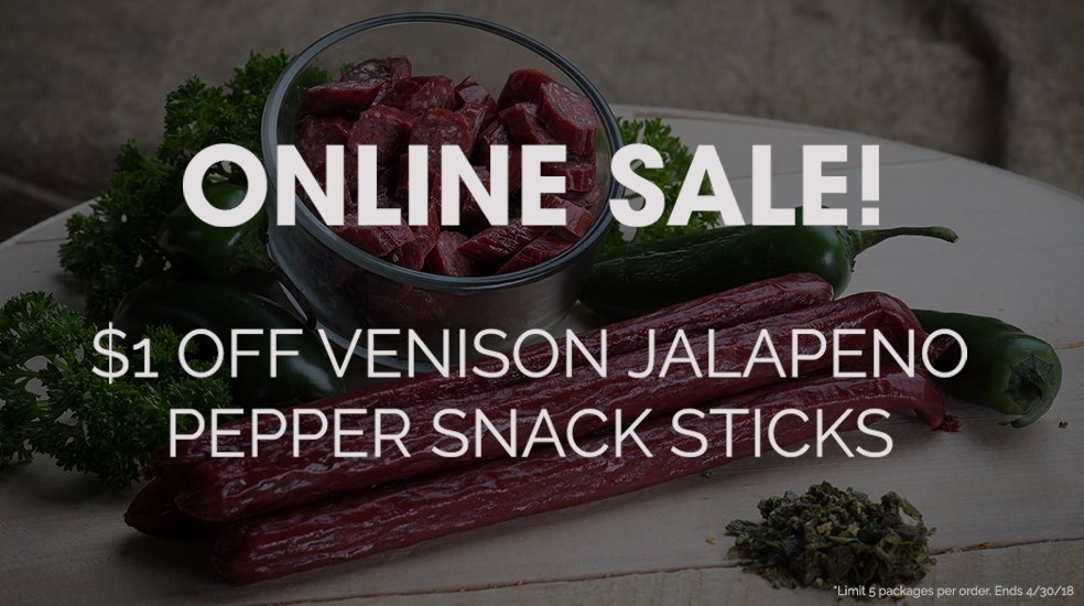 CSHSmokeHouse's tweet photo. HOT HOT HOT DEAL! Online sale this week is $1 off packages of Venison Jalapeno Pepper Snack Sticks! Get yours now! https://t.co/emUjw6cIRn