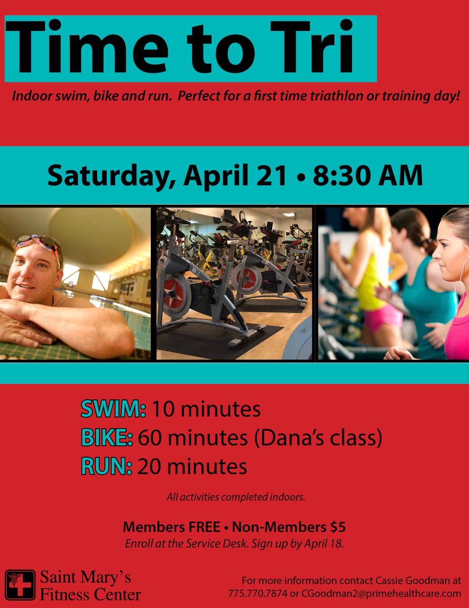 SaintMarysFit's tweet image. It&apos;s not too late! Sign up today for this FREE class ($5 for non-members). This is a great day of training for seasoned athletes OR for anyone new to triathlon training. Prizes for first finishers men and women! #timetotri #greatworkout #traintogether #staytogether #smfccommunity