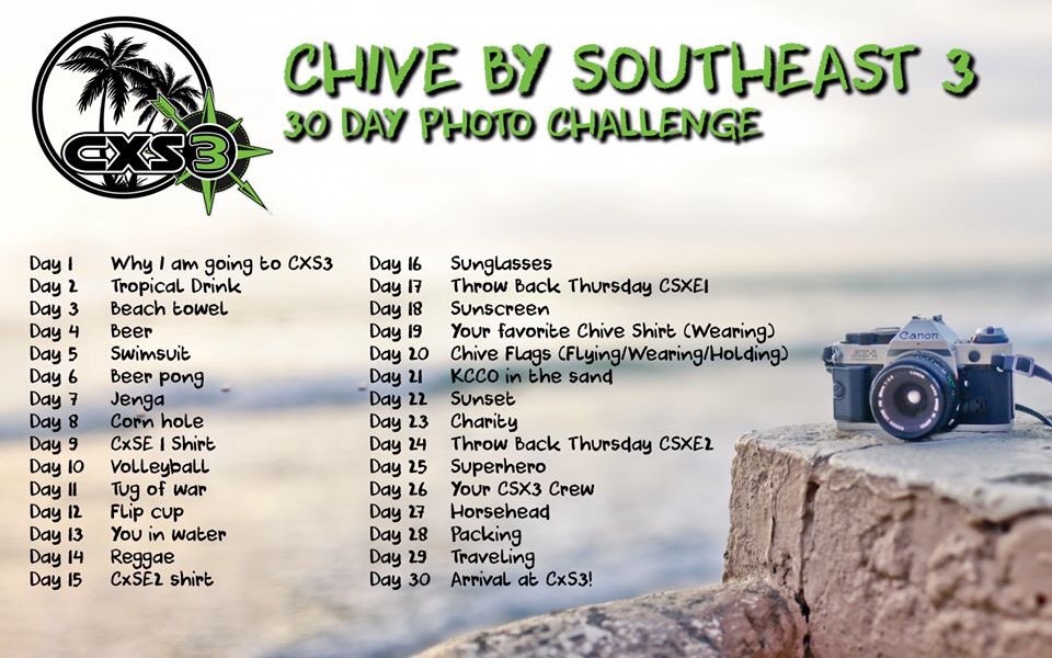 Let's get hyped with a 30-day Photo Challenge.  Your task is to take a picture using that theme and post it.  Post it here, in your home groups, or on your page using #CxS3PhotoChallenge. 

Today's Theme: Why I Am Going To CxS3

P.S. You may not want to skip a day