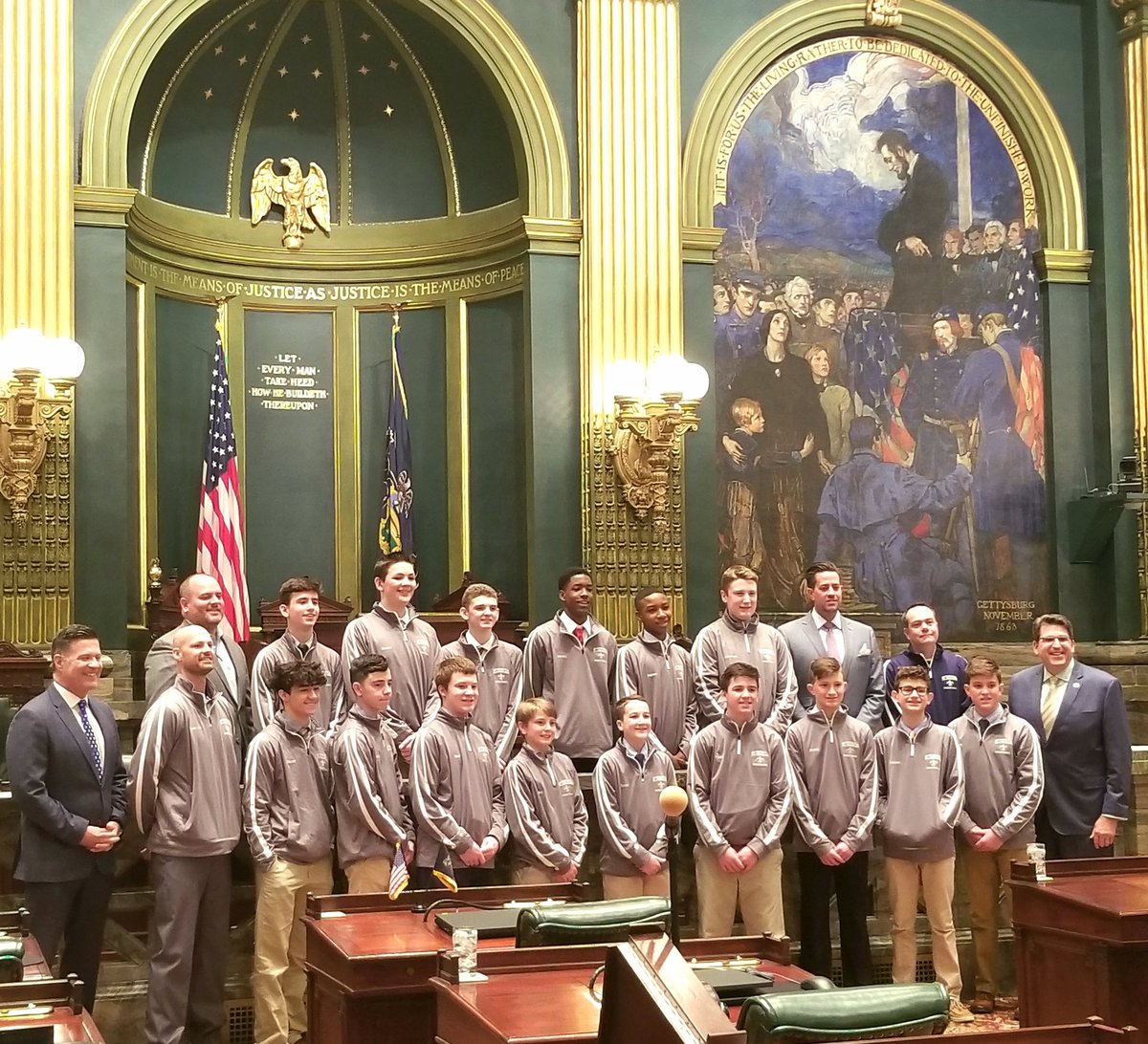 STSBoysBB's tweet photo. Thank you to @RepDelozier &amp; @SenatorReganPA recognizing our PA CYO State Championship on the floor of the PA Senate and PA House of Representatives and for hosting us at the Capitol! We are honored.  #SaintsPride https://t.co/rXP672v14r